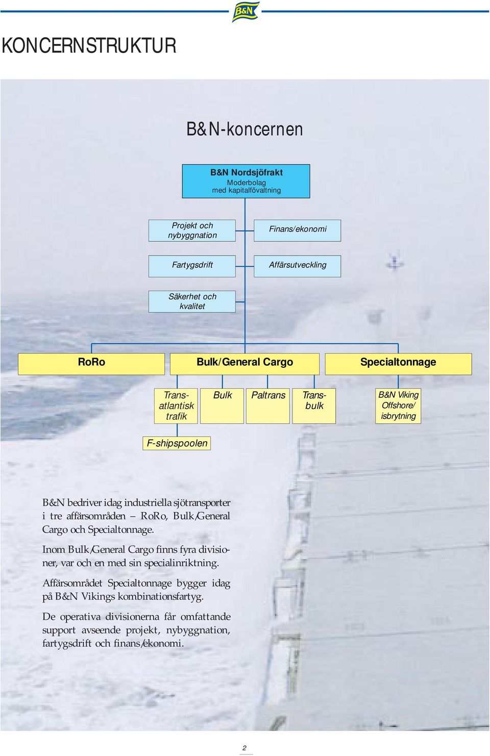 sjötransporter i tre affärsområden RoRo, Bulk/General Cargo och Specialtonnage. Inom Bulk/General Cargo finns fyra divisioner, var och en med sin specialinriktning.