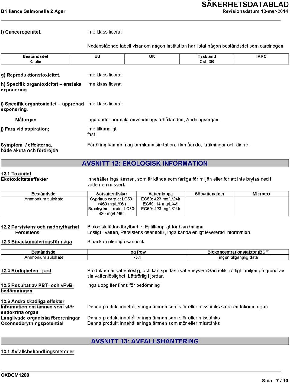 Målorgan j) Fara vid aspiration; Inte tillämpligt fast Inga under normala användningsförhållanden, Andningsorgan.