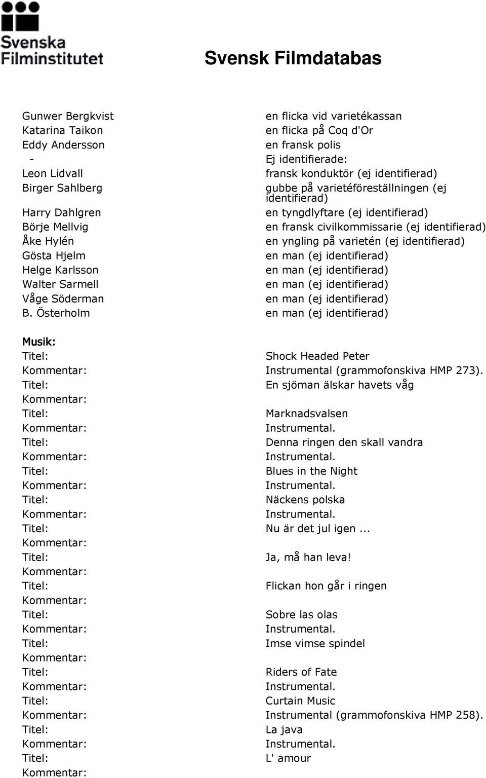 identifierad) Gösta Hjelm Helge Karlsson Walter Sarmell Våge Söderman B. Österholm Musik: Shock Headed Peter Instrumental (grammofonskiva HMP 273).