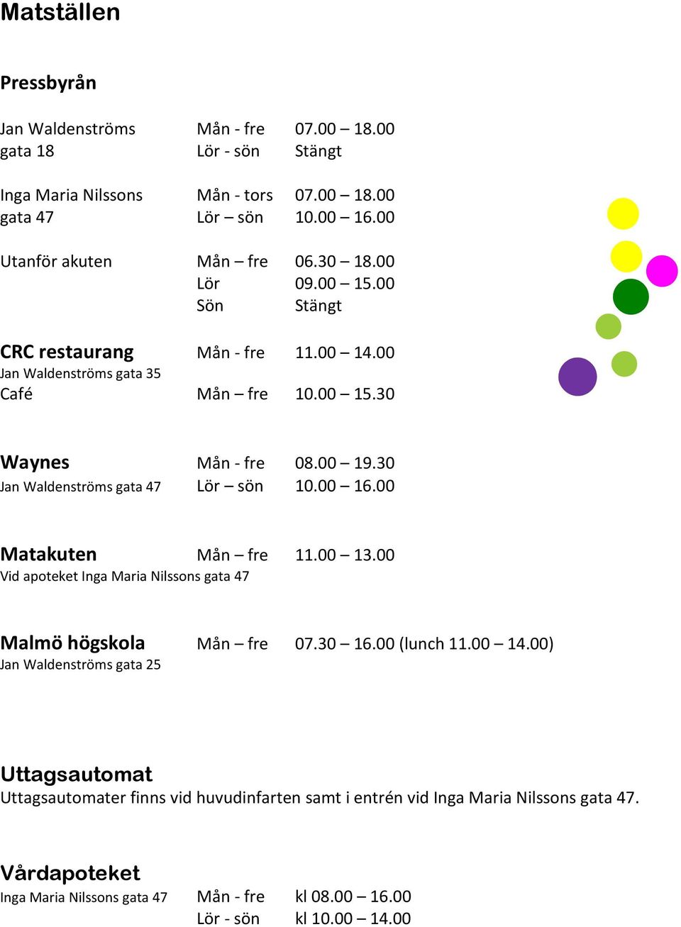 30 Jan Waldenströms gata 47 Lör sön 10.00 16.00 Matakuten Mån fre 11.00 13.00 Vid apoteket Inga Maria Nilssons gata 47 Malmö högskola Mån fre 07.30 16.00 (lunch 11.00 14.