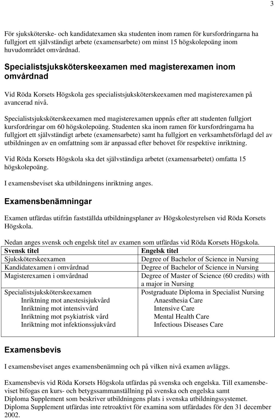 Specialistsjuksköterskeexamen med magisterexamen uppnås efter att studenten fullgjort kursfordringar om 60 högskolepoäng.