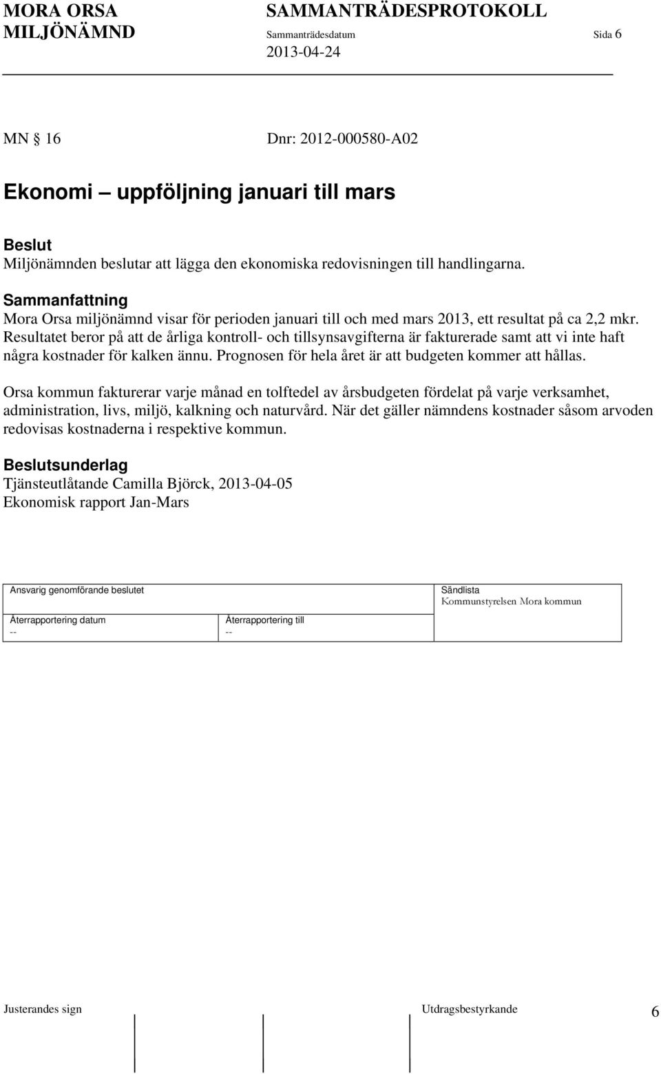 Resultatet beror på att de årliga kontroll- och tillsynsavgifterna är fakturerade samt att vi inte haft några kostnader för kalken ännu. Prognosen för hela året är att budgeten kommer att hållas.