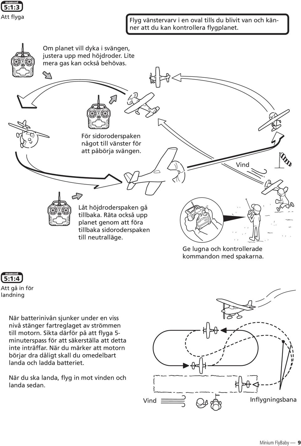 Räta också upp planet genom att föra tillbaka sidoroderspaken till neutralläge. Ge lugna och kontrollerade kommandon med spakarna.