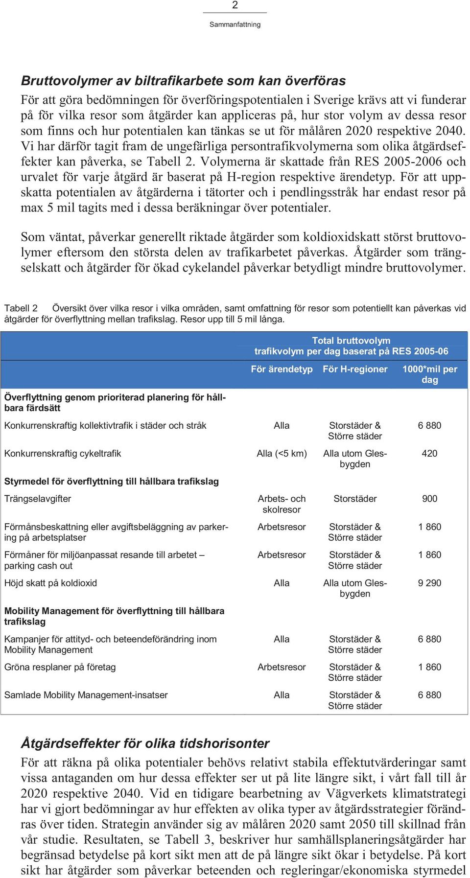 Vi har därför tagit fram de ungefärliga persontrafikvolymerna som olika åtgärdseffekter kan påverka, se Tabell 2.