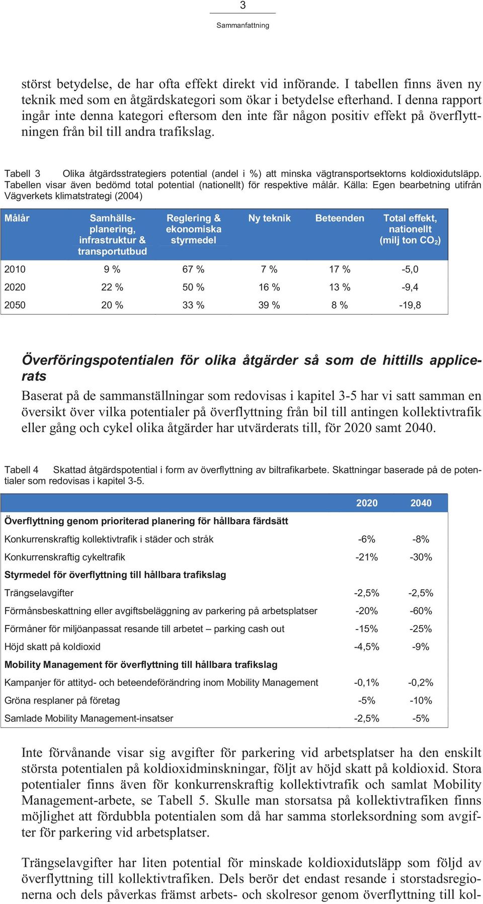 Tabell 3 Olika åtgärdsstrategiers potential (andel i %) att minska vägtransportsektorns koldioxidutsläpp. Tabellen visar även bedömd total potential (nationellt) för respektive målår.