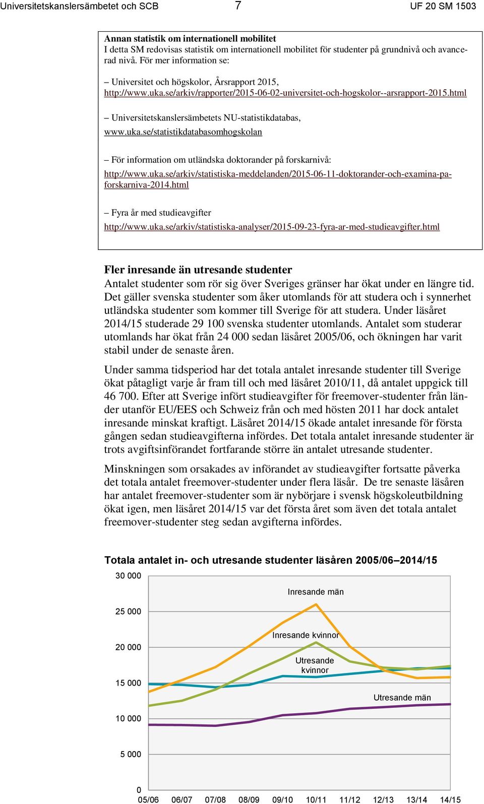 html Universitetskanslersämbetets NU-statistikdatabas, www.uka.se/statistikdatabasomhogskolan För information om utländska doktorander på forskarnivå: http://www.uka.se/arkiv/statistiska-meddelanden/2015-06-11-doktorander-och-examina-paforskarniva-2014.