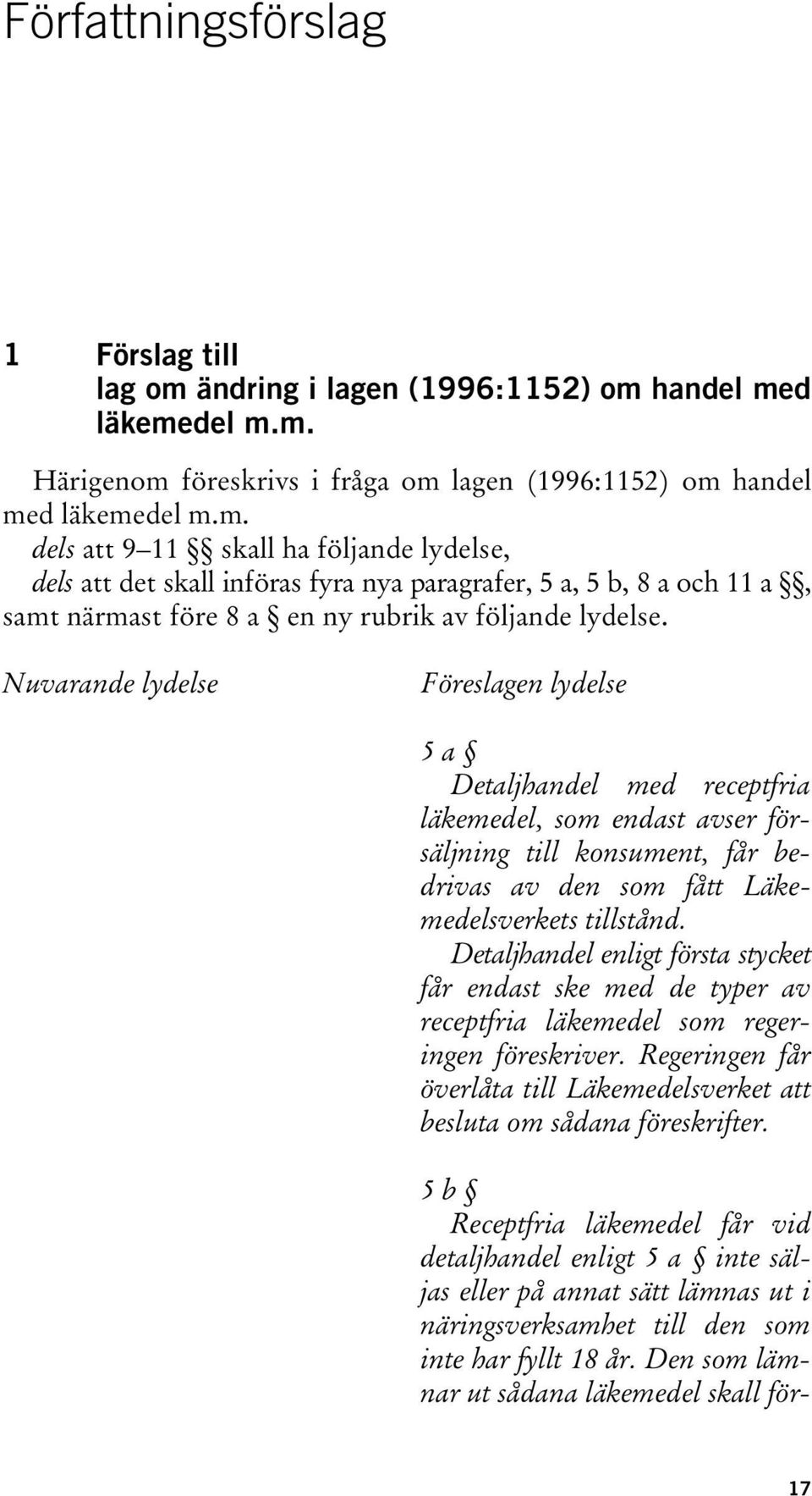 Nuvarande lydelse Föreslagen lydelse 5 a Detaljhandel med receptfria läkemedel, som endast avser försäljning till konsument, får bedrivas av den som fått Läkemedelsverkets tillstånd.