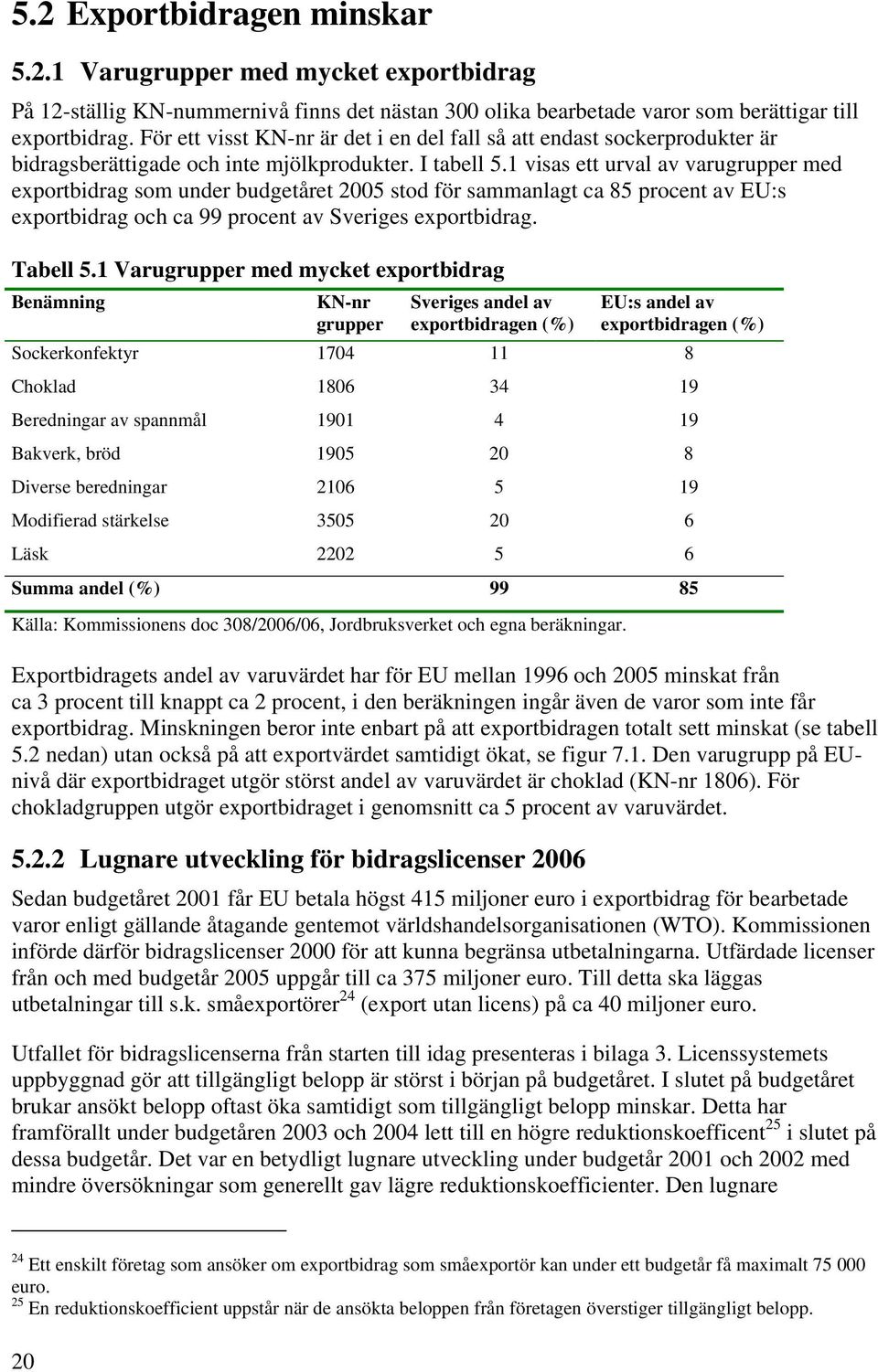 1 visas ett urval av varugrupper med exportbidrag som under budgetåret 2005 stod för sammanlagt ca 85 procent av EU:s exportbidrag och ca 99 procent av Sveriges exportbidrag. Tabell 5.