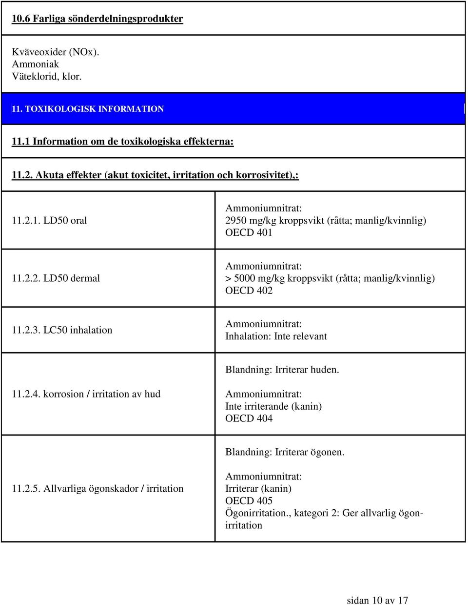 2.3. LC50 inhalation Inhalation: Inte relevant Blandning: Irriterar huden. 11.2.4. korrosion / irritation av hud Inte irriterande (kanin) OECD 404 Blandning: Irriterar ögonen.