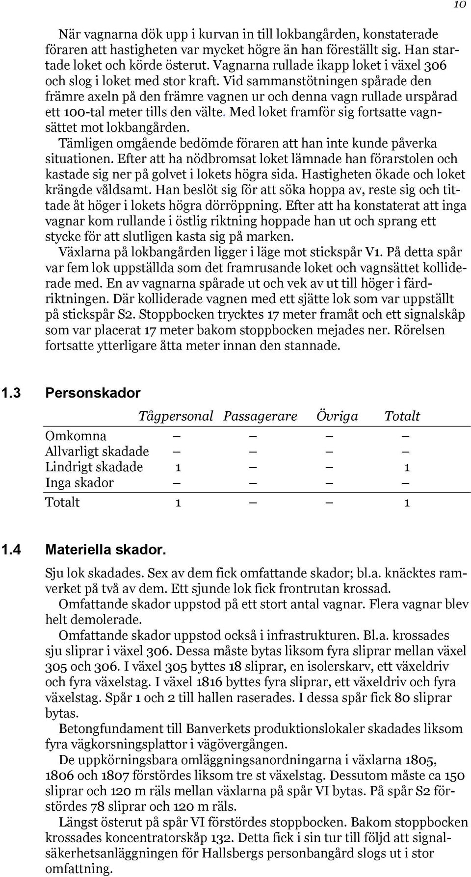 Vid sammanstötningen spårade den främre axeln på den främre vagnen ur och denna vagn rullade urspårad ett 100-tal meter tills den välte. Med loket framför sig fortsatte vagnsättet mot lokbangården.