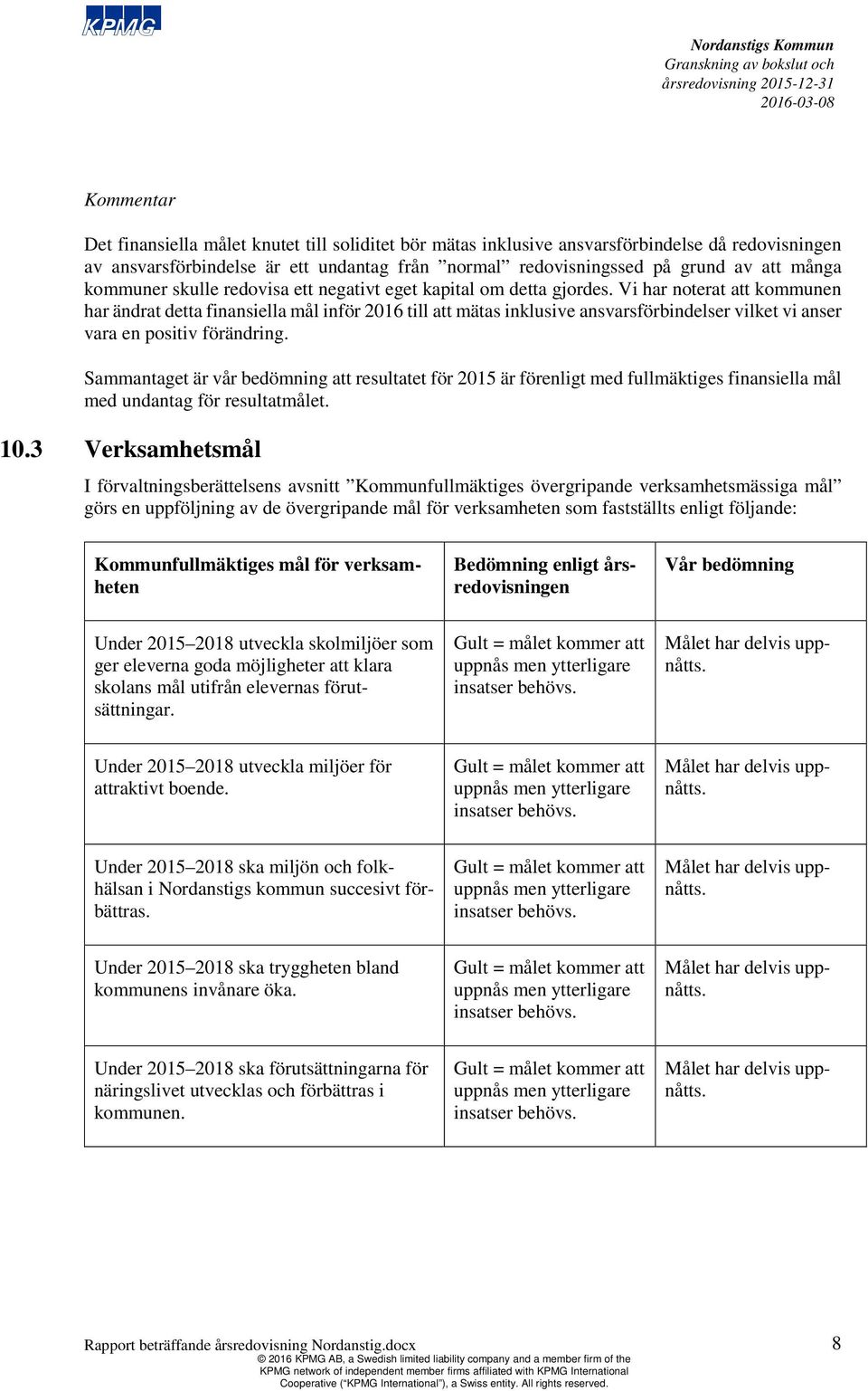 Vi har noterat att kommunen har ändrat detta finansiella mål inför 2016 till att mätas inklusive ansvarsförbindelser vilket vi anser vara en positiv förändring.