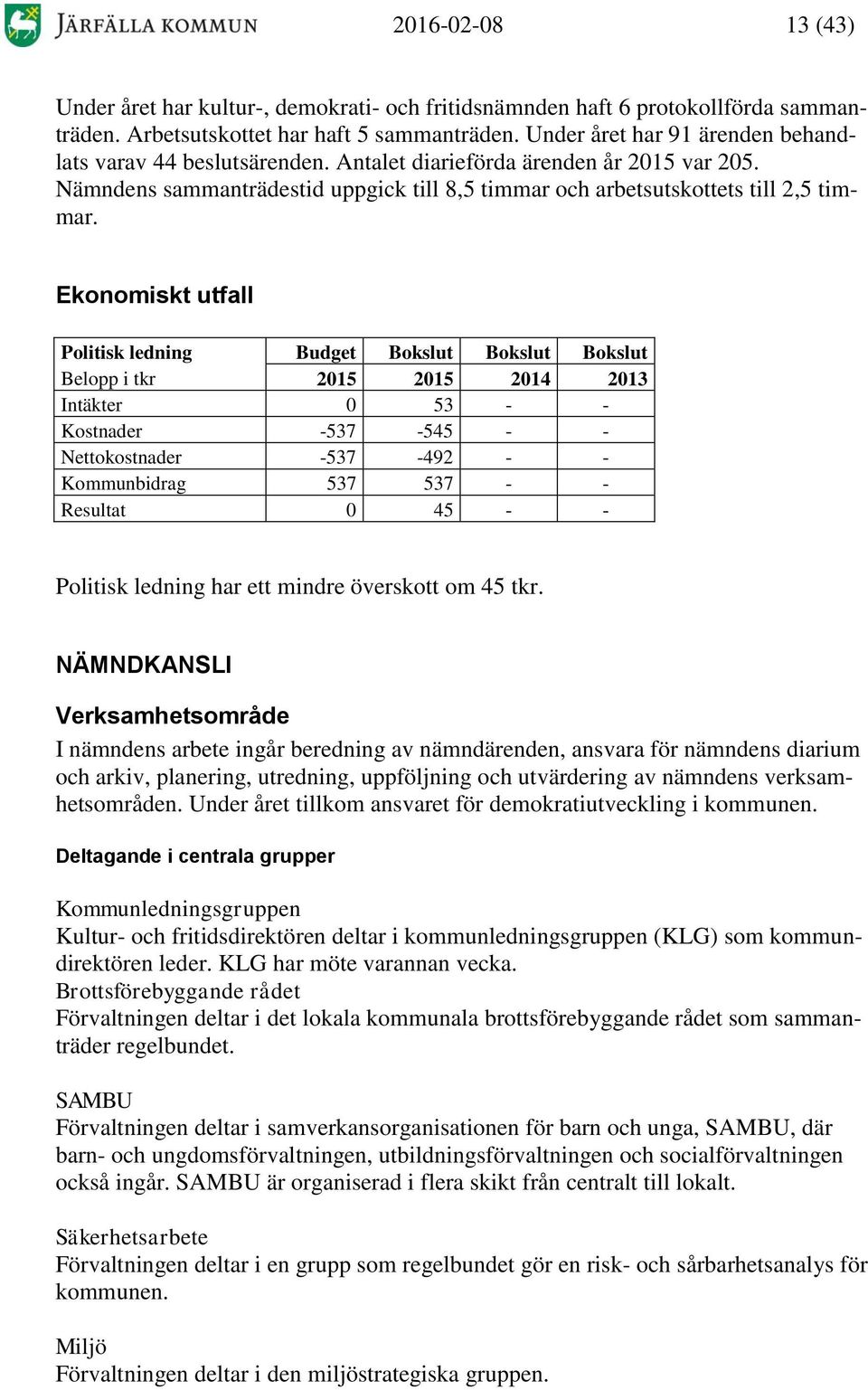 Ekonomiskt utfall Politisk ledning Budget Bokslut Bokslut Bokslut Belopp i tkr 2015 2015 2014 2013 Intäkter 0 53 - - Kostnader -537-545 - - Nettokostnader -537-492 - - Kommunbidrag 537 537 - -