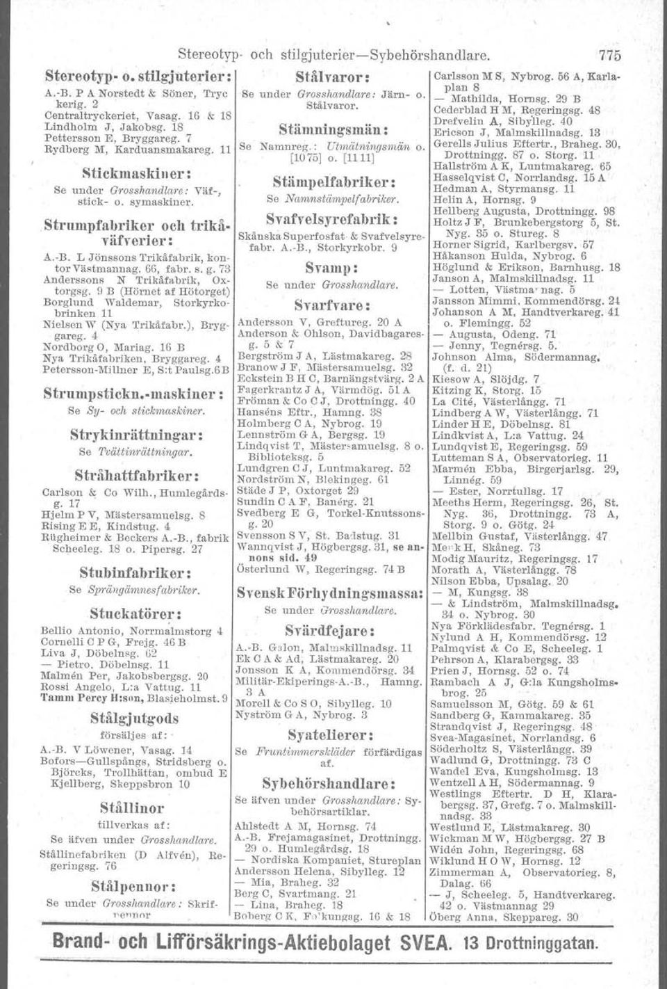 Strumpfabriker och trikå väfverier: A.-B. L Jönssons Trikåfabrik, kontorvästmannag. 66, fabr. s. g. 73 Anderssons N 'I'rtkåfabr-ik, Oxtorgsg.