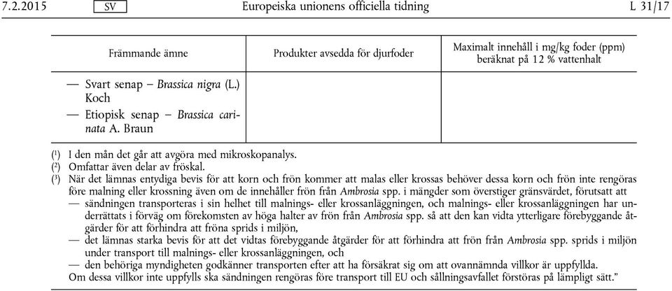 ( 3 ) När det lämnas entydiga bevis för att korn och frön kommer att malas eller krossas behöver dessa korn och frön inte rengöras före malning eller krossning även om de innehåller frön från