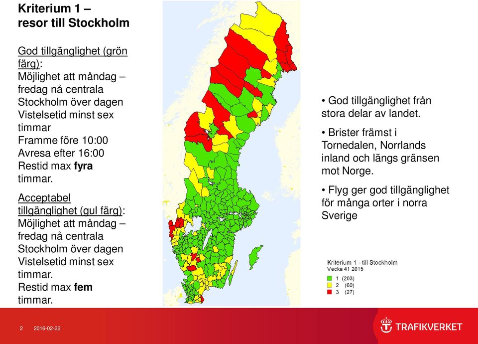 Acceptabel tillgänglighet Möjlighet att måndag fredag nå centrala Stockholm över dagen Vistelsetid minst sex timmar.