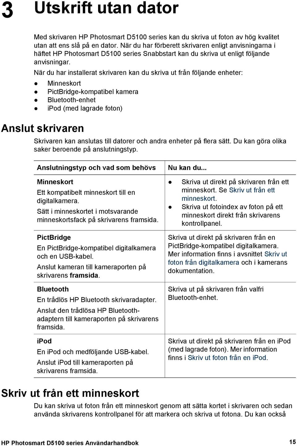 När du har installerat skrivaren kan du skriva ut från följande enheter: Minneskort PictBridge-kompatibel kamera Bluetooth-enhet ipod (med lagrade foton) Anslut skrivaren Skrivaren kan anslutas till