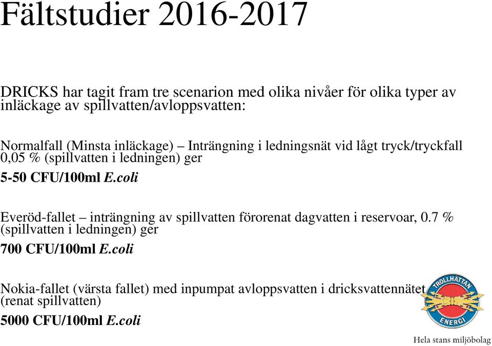 ledningen) ger 5-50 CFU/100ml E.coli Everöd-fallet inträngning av spillvatten förorenat dagvatten i reservoar, 0.