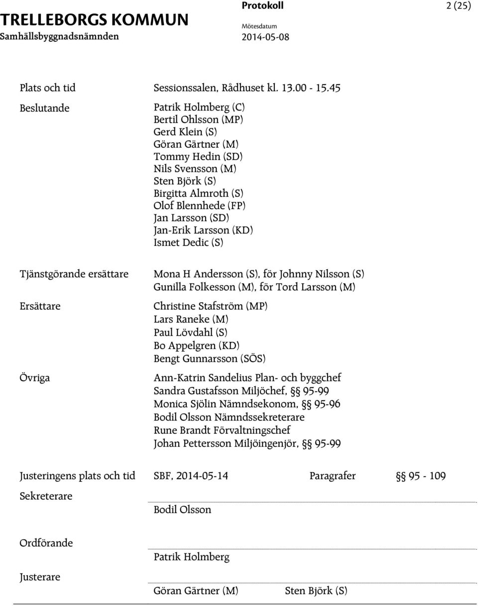 Larsson (KD) Ismet Dedic (S) Tjänstgörande ersättare Ersättare Övriga Mona H Andersson (S), för Johnny Nilsson (S) Gunilla Folkesson (M), för Tord Larsson (M) Christine Stafström (MP) Lars Raneke (M)