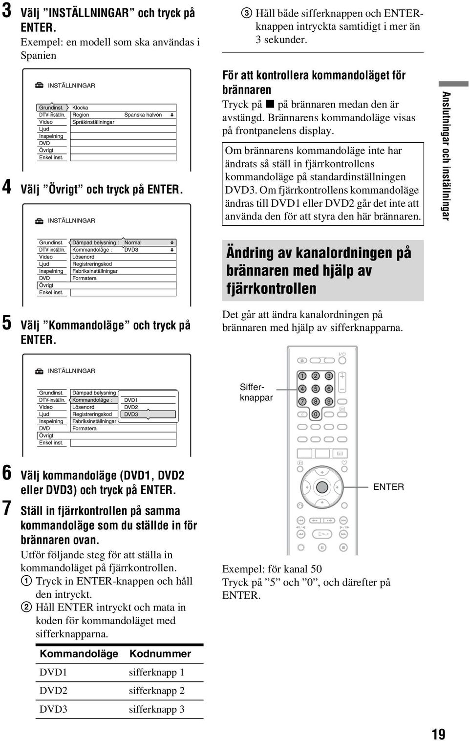 Brännarens kommandoläge visas på frontpanelens display. Om brännarens kommandoläge inte har ändrats så ställ in fjärrkontrollens kommandoläge på standardinställningen DVD3.