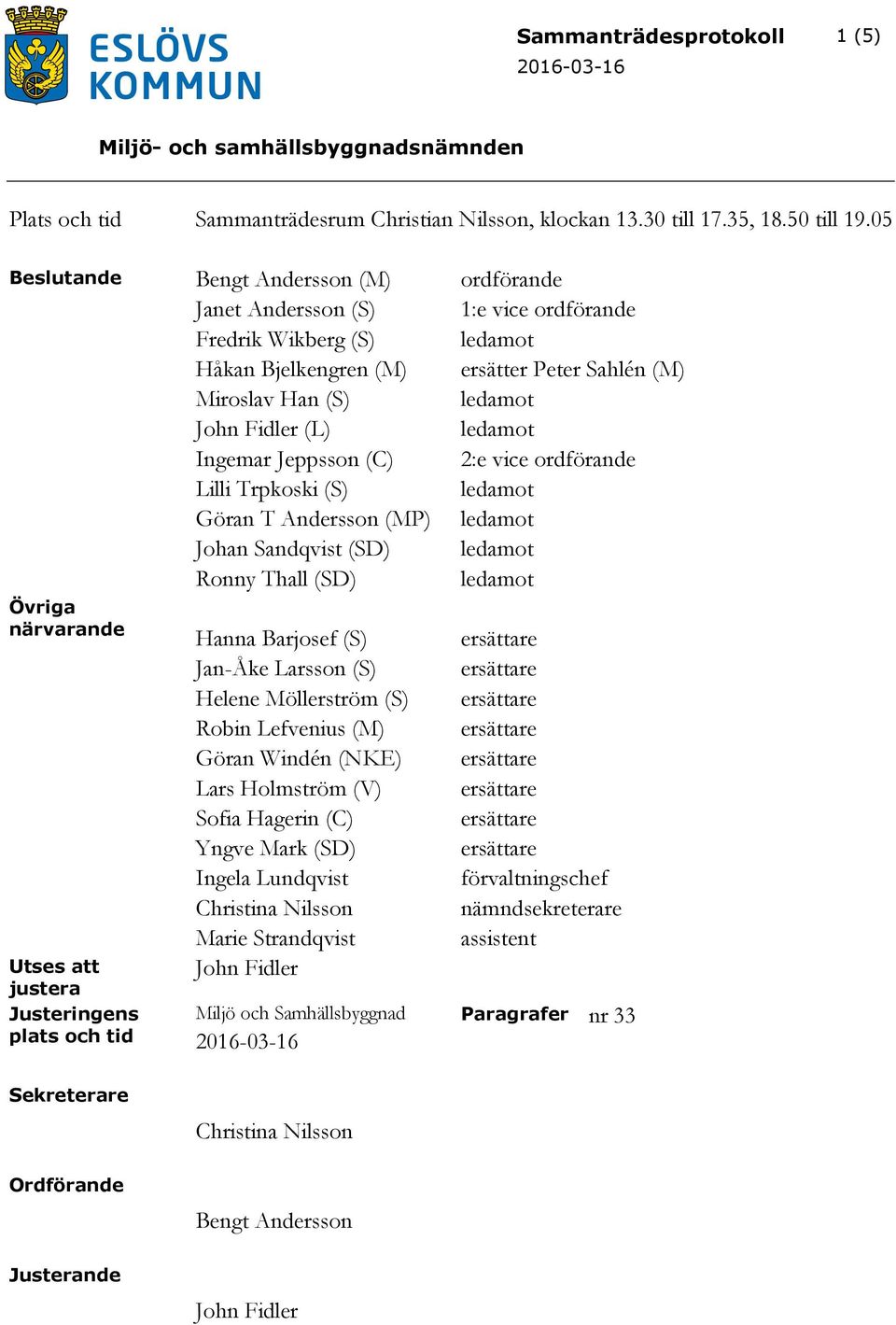 (L) ledamot Ingemar Jeppsson (C) 2:e vice ordförande Lilli Trpkoski (S) ledamot Göran T Andersson (MP) ledamot Johan Sandqvist (SD) ledamot Ronny Thall (SD) ledamot Övriga närvarande Utses att