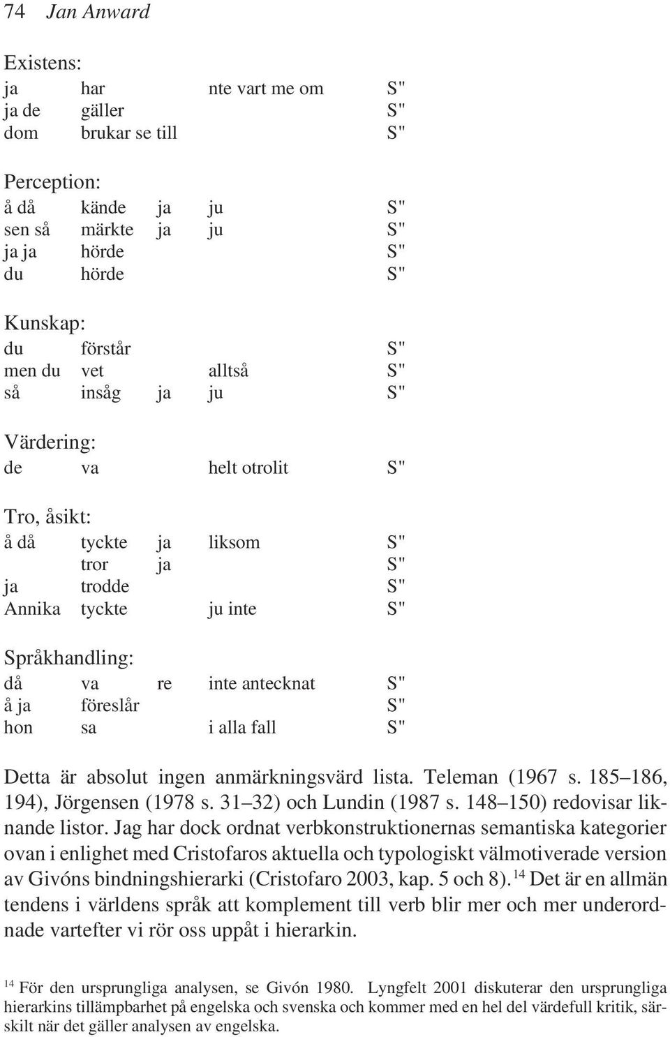 föreslår S" hon sa i alla fall S" Detta är absolut ingen anmärkningsvärd lista. Teleman (1967 s. 185 186, 194), Jörgensen (1978 s. 31 32) och Lundin (1987 s. 148 150) redovisar liknande listor.