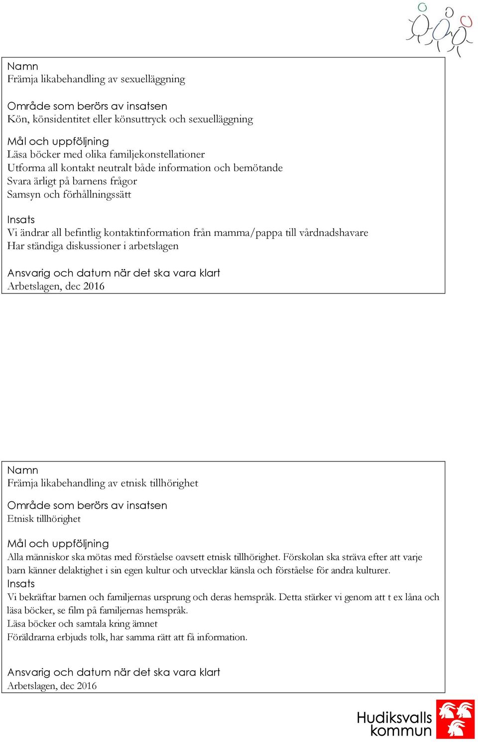 diskussioner i arbetslagen Ansvarig och datum när det ska vara klart Arbetslagen, dec 2016 Namn Främja likabehandling av etnisk tillhörighet Område som berörs av insatsen Etnisk tillhörighet Alla