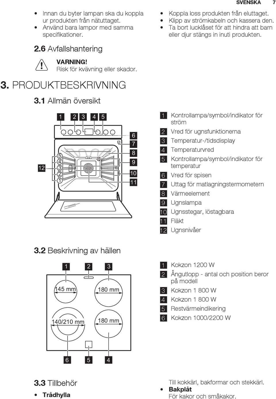 12 1 5 4 3 2 1 2 3 4 5 6 7 8 9 10 11 1 Kontrollampa/symbol/indikator för ström 2 Vred för ugnsfunktionerna 3 -/tidsdisplay 4 vred 5 Kontrollampa/symbol/indikator för temperatur 6 Vred för spisen 7