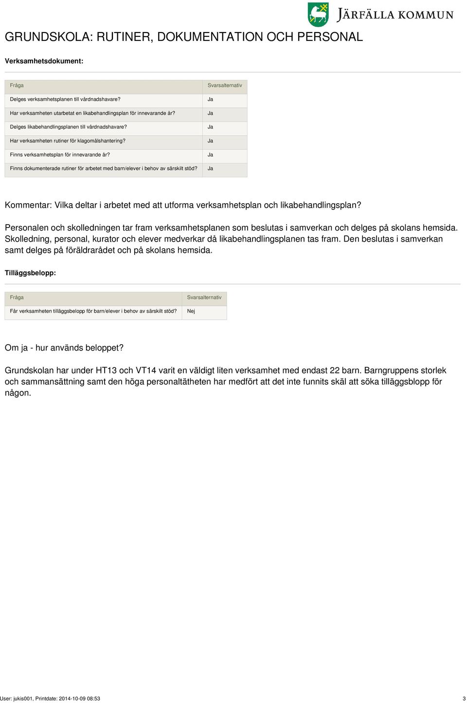 Finns dokumenterade rutiner för arbetet med barn/elever i behov av särskilt stöd? Kommentar: Vilka deltar i arbetet med att utforma verksamhetsplan och likabehandlingsplan?