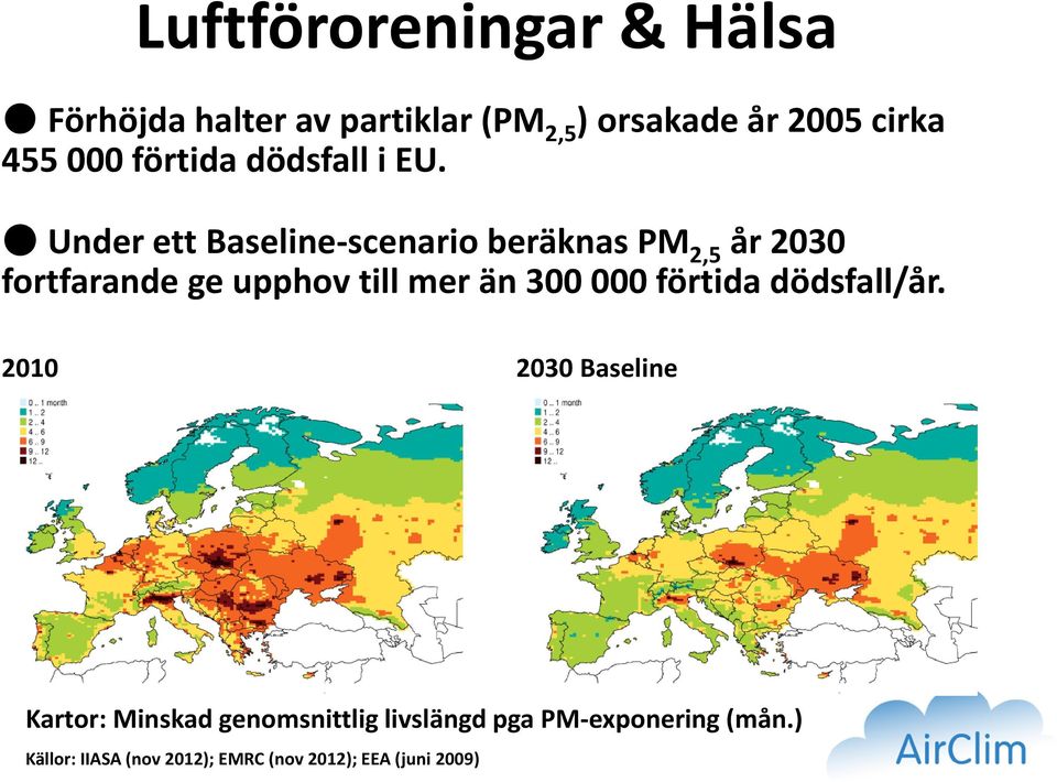 Under ett Baseline-scenario beräknas PM 2,5 år 2030 fortfarande ge upphov till mer än 300 000