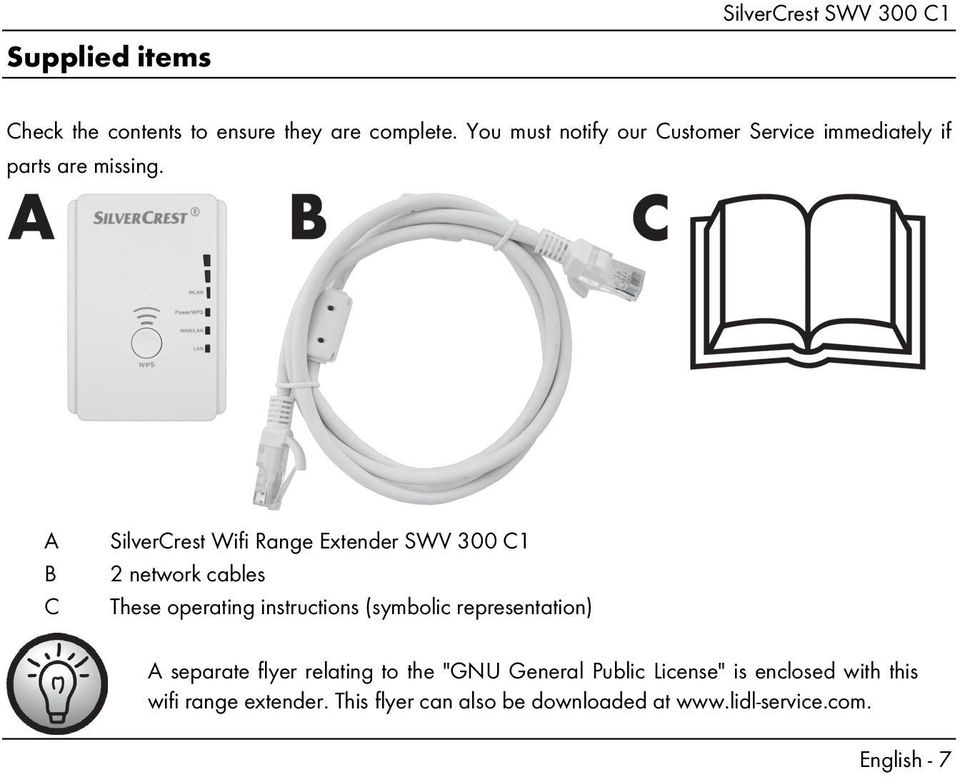 A B C SilverCrest Wifi Range Extender SWV 300 C1 2 network cables These operating instructions (symbolic