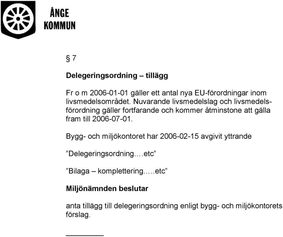 till 2006-07-01. Bygg- och miljökontoret har 2006-02-15 avgivit yttrande Delegeringsordning.