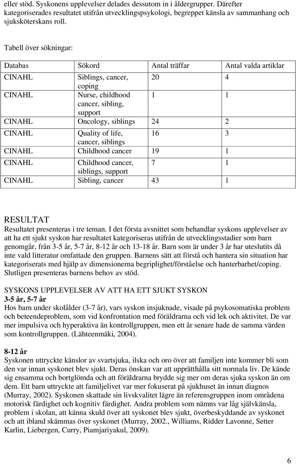 CINAHL Quality of life, 16 3 cancer, siblings CINAHL Childhood cancer 19 1 CINAHL Childhood cancer, 7 1 siblings, support CINAHL Sibling, cancer 43 1 RESULTAT Resultatet presenteras i tre teman.