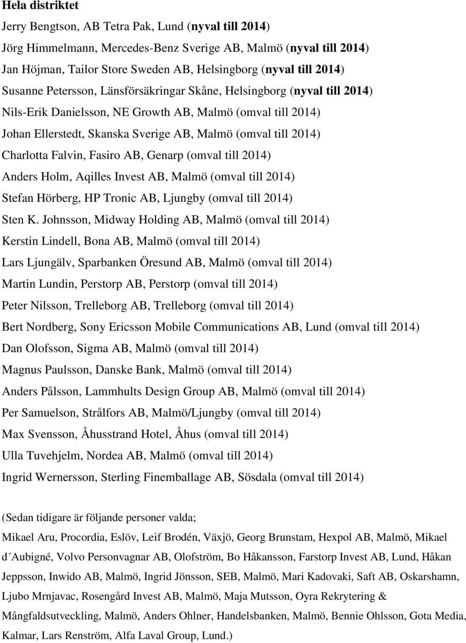 2014) Charlotta Falvin, Fasiro AB, Genarp (omval till 2014) Anders Holm, Aqilles Invest AB, Malmö (omval till 2014) Stefan Hörberg, HP Tronic AB, Ljungby (omval till 2014) Sten K.