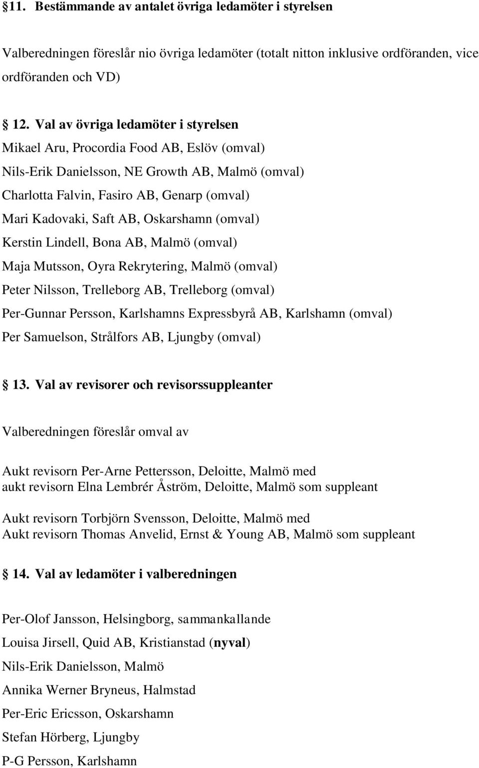 Oskarshamn (omval) Kerstin Lindell, Bona AB, Malmö (omval) Maja Mutsson, Oyra Rekrytering, Malmö (omval) Peter Nilsson, Trelleborg AB, Trelleborg (omval) Per-Gunnar Persson, Karlshamns Expressbyrå