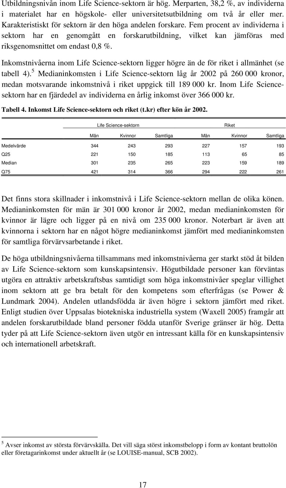 Inkomstnivåerna inom Life Science-sektorn ligger högre än de för riket i allmänhet (se tabell 4).