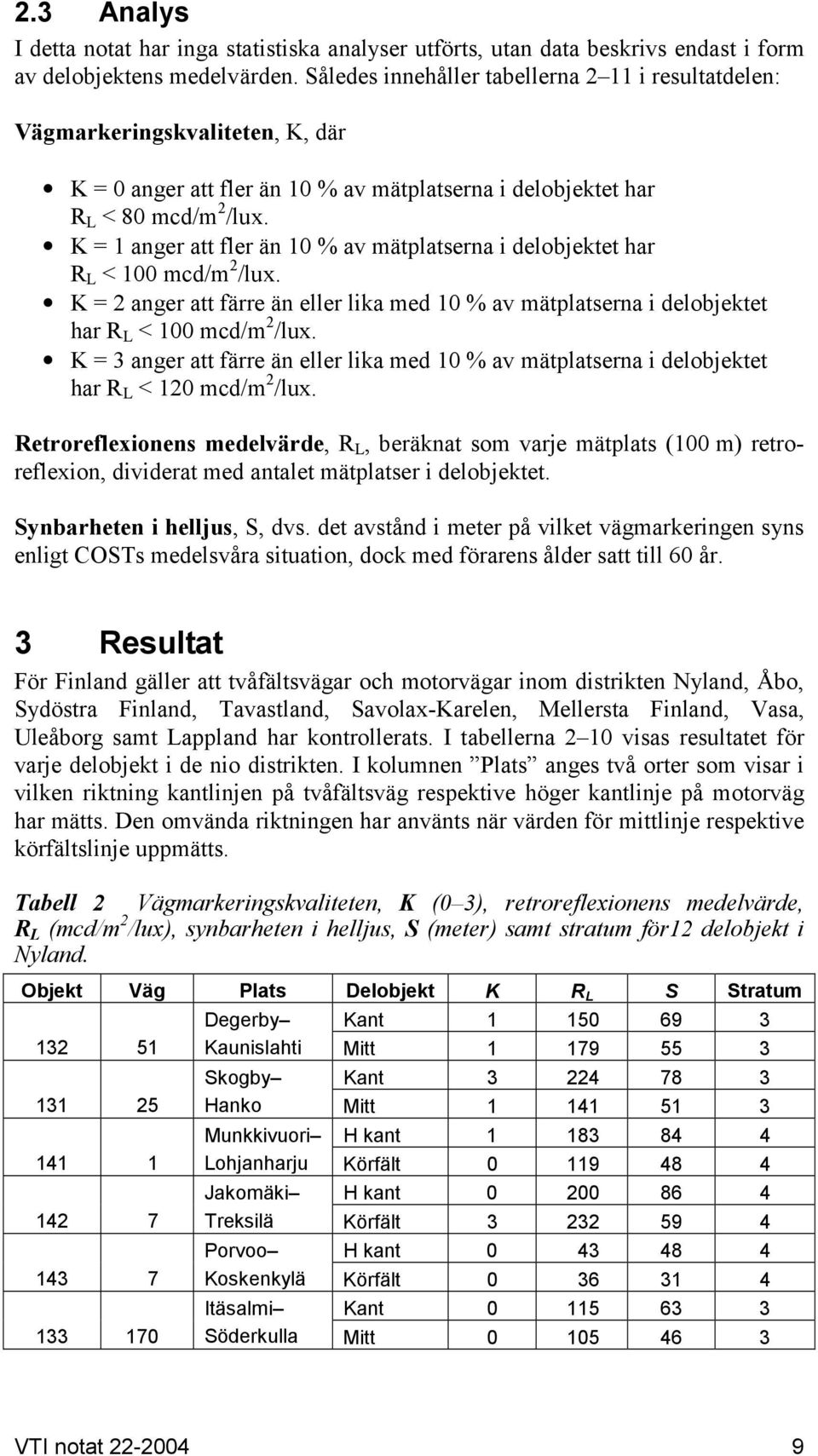 K = 1 anger att fler än 1 % av mätplatserna i delobjektet har R L < 1 mcd/m 2 /lux. K = 2 anger att färre än eller lika med 1 % av mätplatserna i delobjektet har R L < 1 mcd/m 2 /lux.