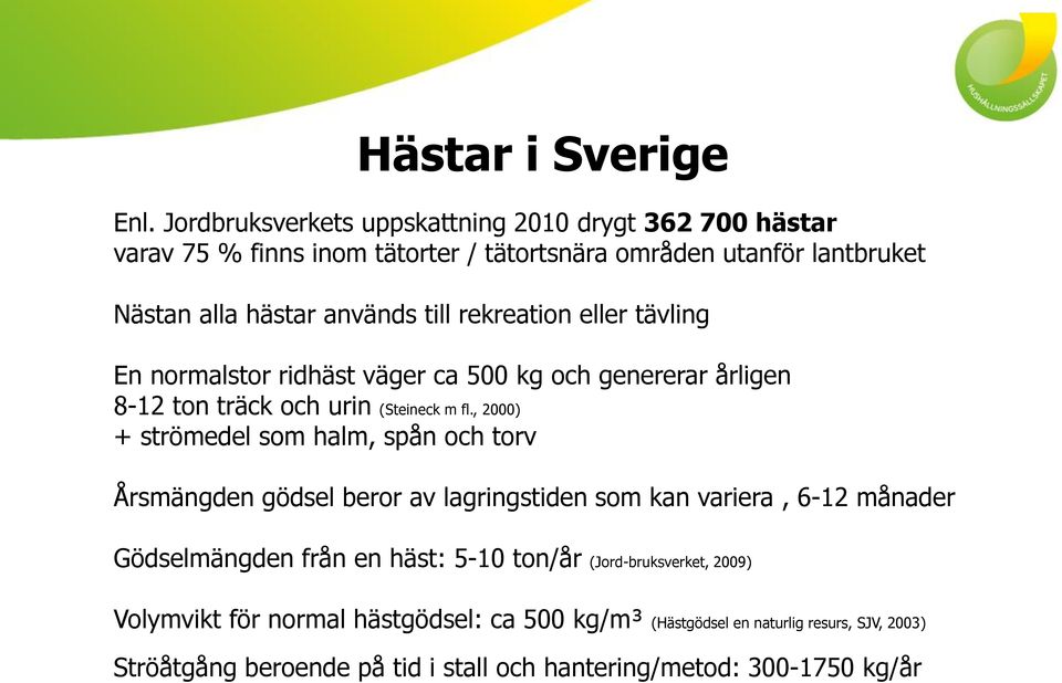 rekreation eller tävling En normalstor ridhäst väger ca 500 kg och genererar årligen 8-12 ton träck och urin (Steineck m fl.