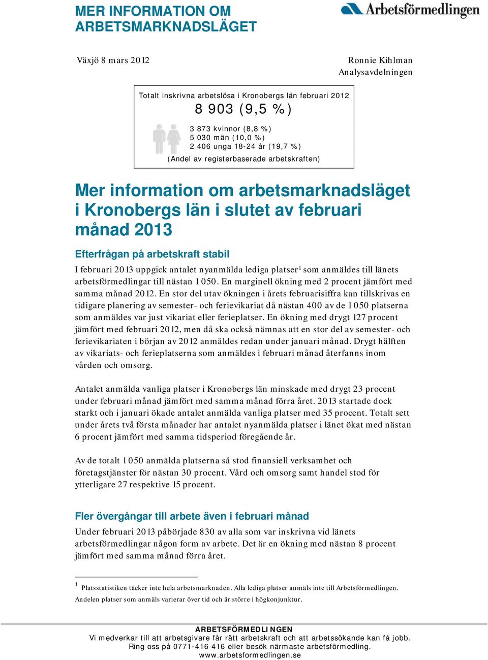 stabil I februari 2013 uppgick antalet nyanmälda lediga platser 1 som anmäldes till länets arbetsförmedlingar till nästan 1 050. En marginell ökning med 2 procent jämfört med samma månad 2012.