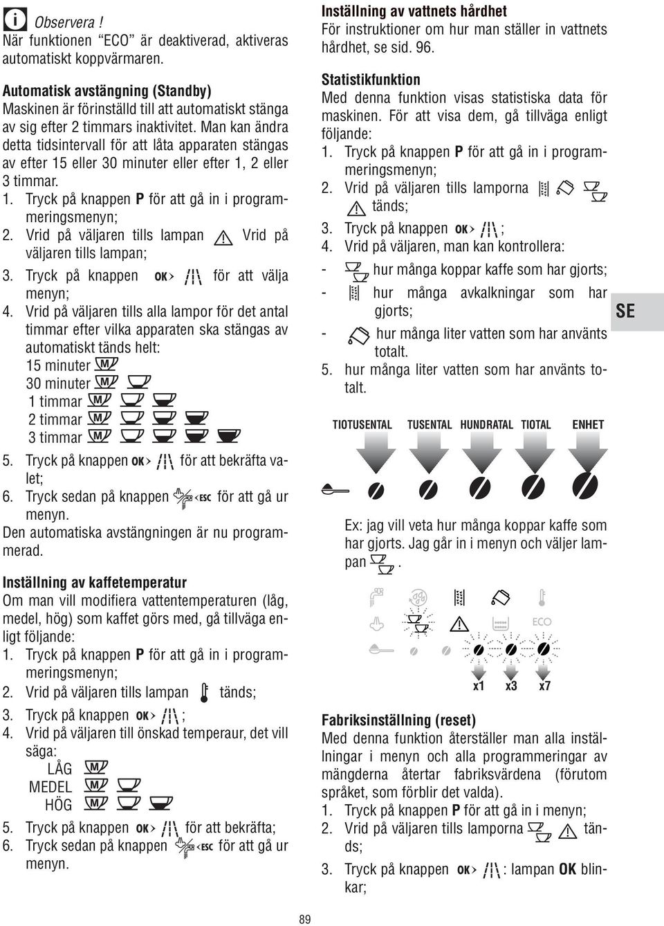 Man kan ändra detta tidsintervall för att låta apparaten stängas av efter 15 eller 30 minuter eller efter 1, 2 eller 3 timmar. 1. Tryck på knappen P för att gå in i programmeringsmenyn; 2.