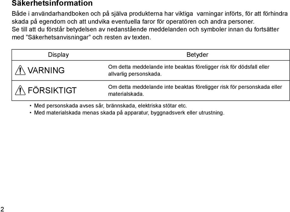 Display VARNING FÖRSIKTIGT Betyder Om detta meddelande inte beaktas föreligger risk för dödsfall eller allvarlig personskada.