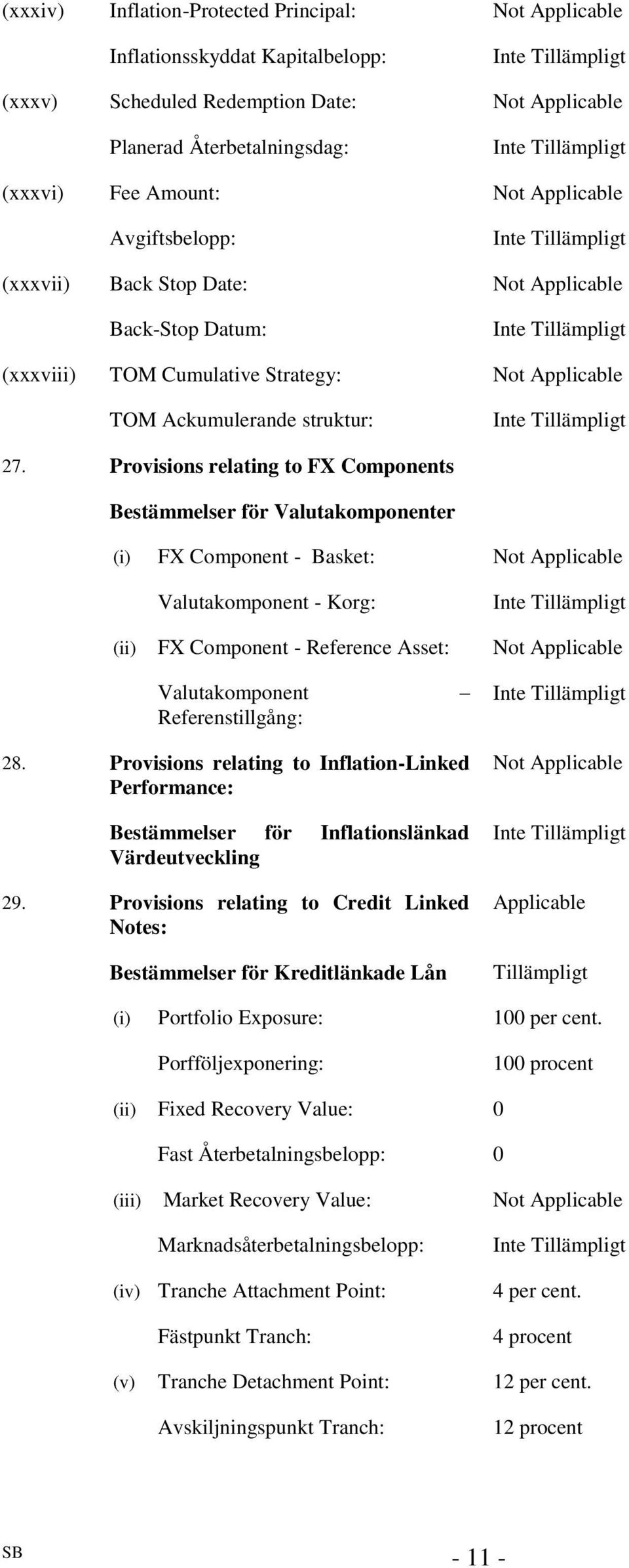 Provisions relating to FX Components Bestämmelser för Valutakomponenter (i) FX Component - Basket: Not Applicable Valutakomponent - Korg: (ii) FX Component - Reference Asset: Not Applicable