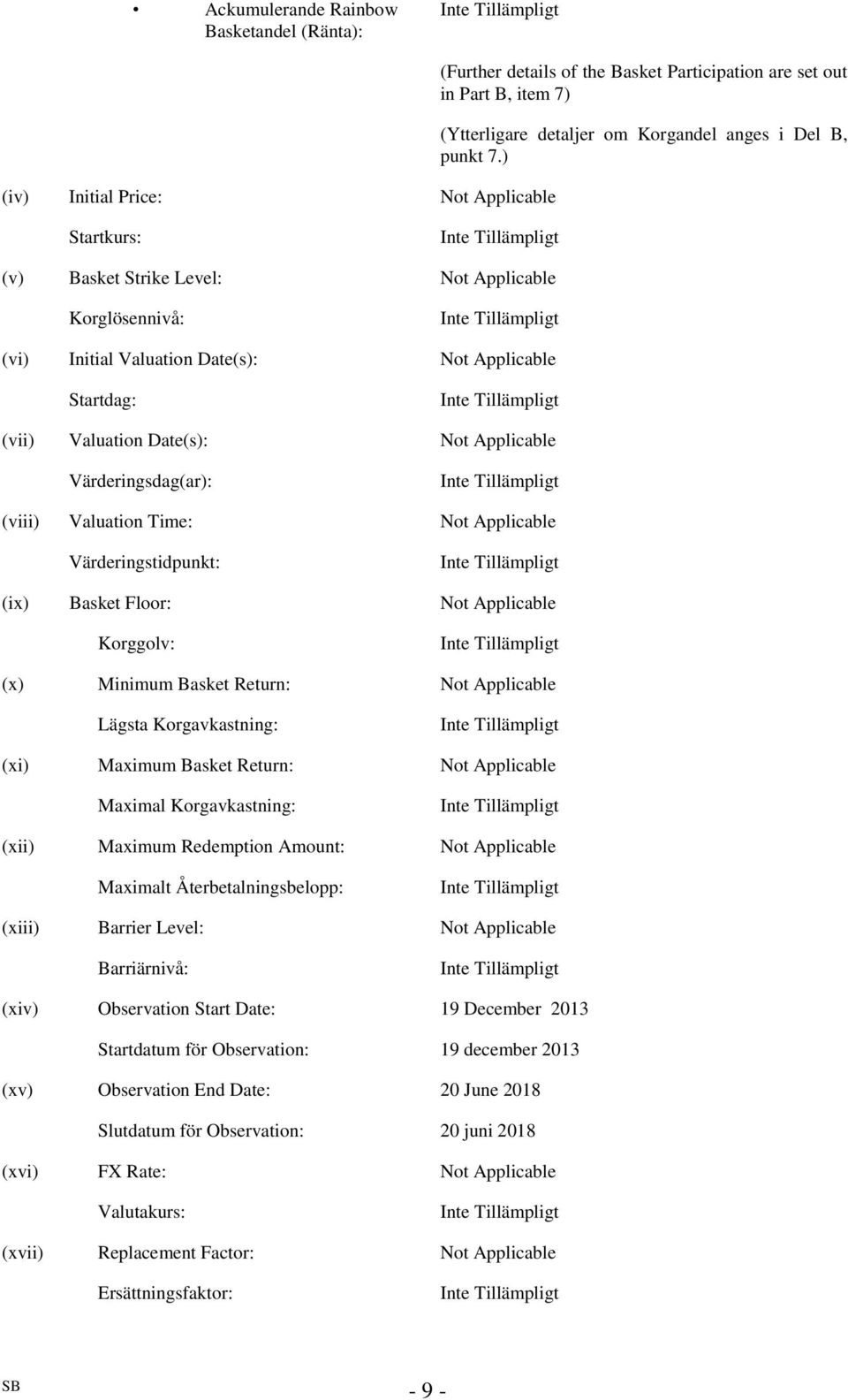 ) Startkurs: (v) Basket Strike Level: Not Applicable Korglösennivå: (vi) Initial Valuation Date(s): Not Applicable Startdag: (vii) Valuation Date(s): Not Applicable Värderingsdag(ar): (viii)