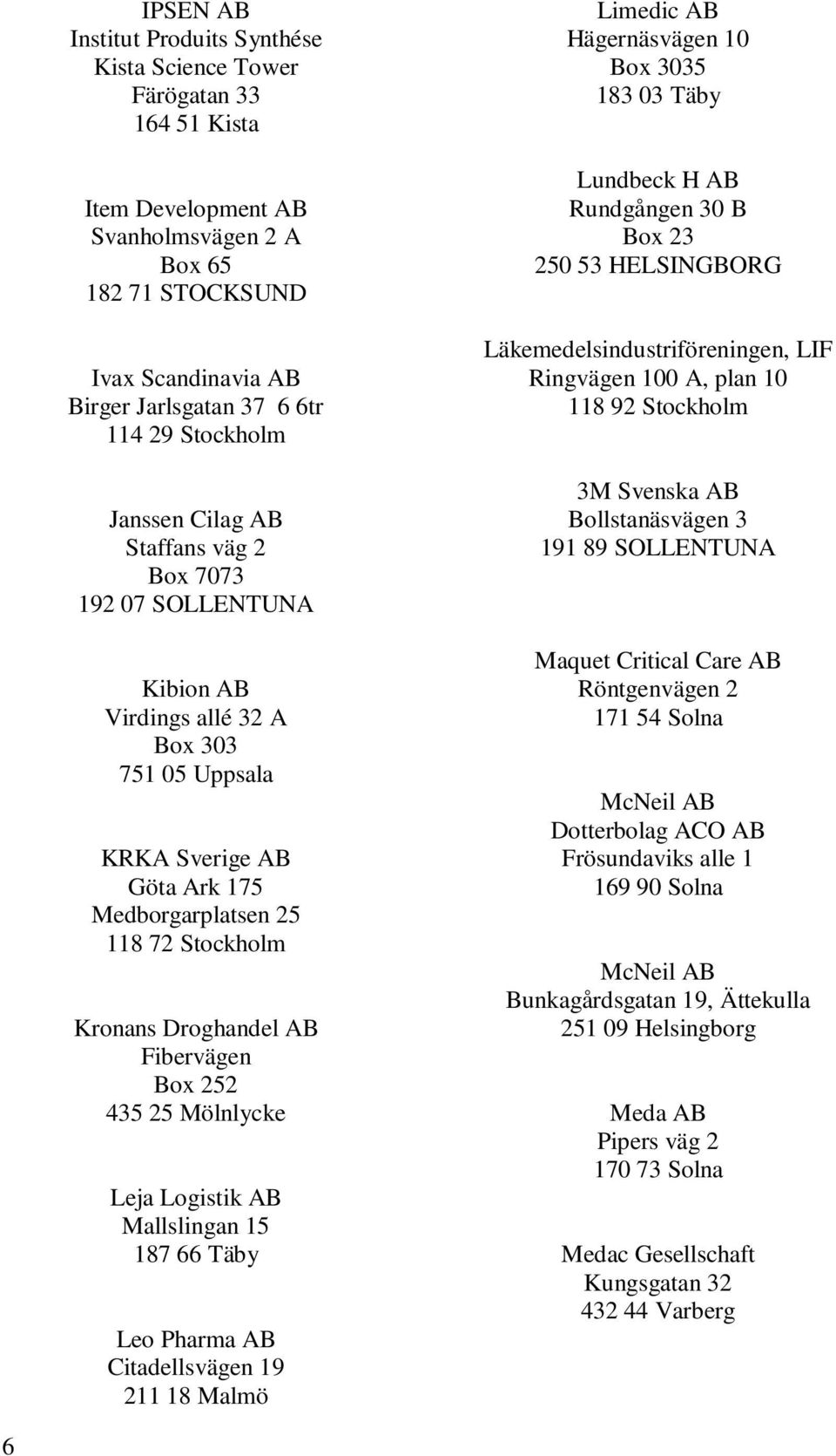 Droghandel AB Fibervägen Box 252 435 25 Mölnlycke Leja Logistik AB Mallslingan 15 187 66 Täby Leo Pharma AB Citadellsvägen 19 211 18 Malmö Limedic AB Hägernäsvägen 10 Box 3035 183 03 Täby Lundbeck H