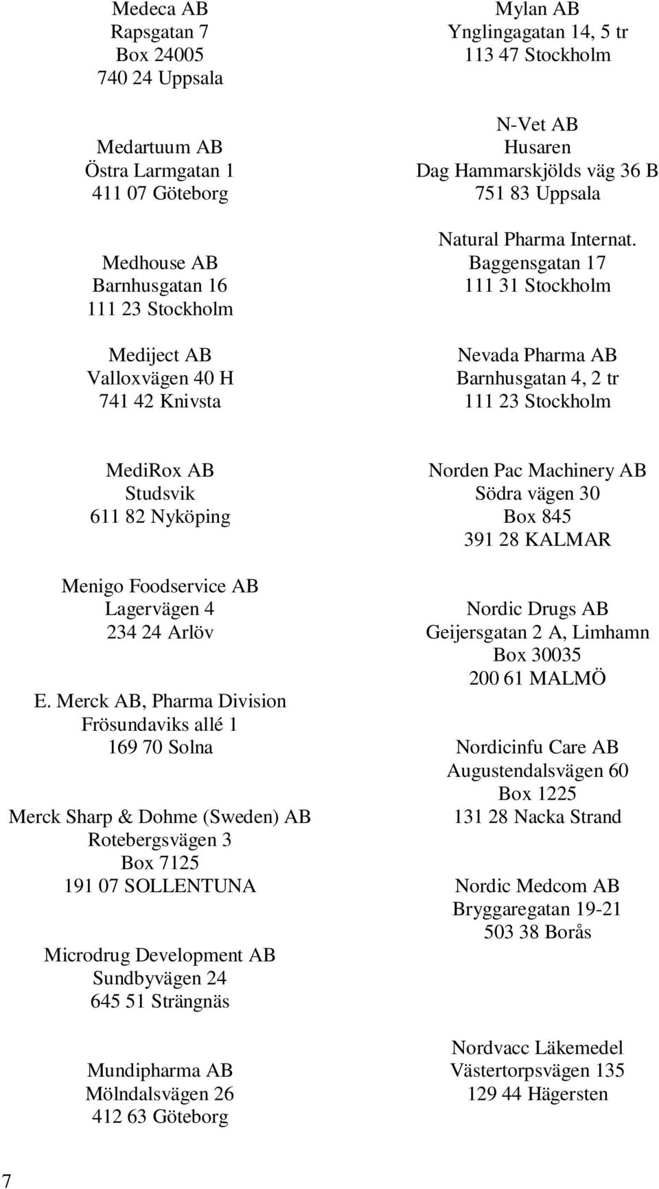 Baggensgatan 17 111 31 Stockholm Nevada Pharma AB Barnhusgatan 4, 2 tr 111 23 Stockholm MediRox AB Studsvik 611 82 Nyköping Menigo Foodservice AB Lagervägen 4 234 24 Arlöv E.