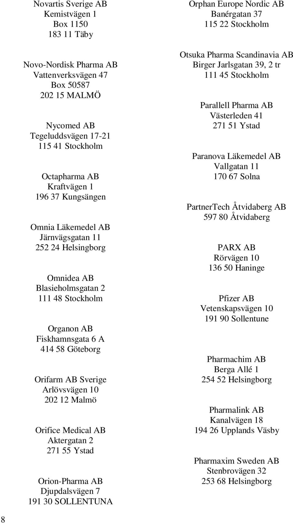 202 12 Malmö Orifice Medical AB Aktergatan 2 271 55 Ystad Orion-Pharma AB Djupdalsvägen 7 191 30 SOLLENTUNA Orphan Europe Nordic AB Banérgatan 37 115 22 Stockholm Otsuka Pharma Scandinavia AB Birger