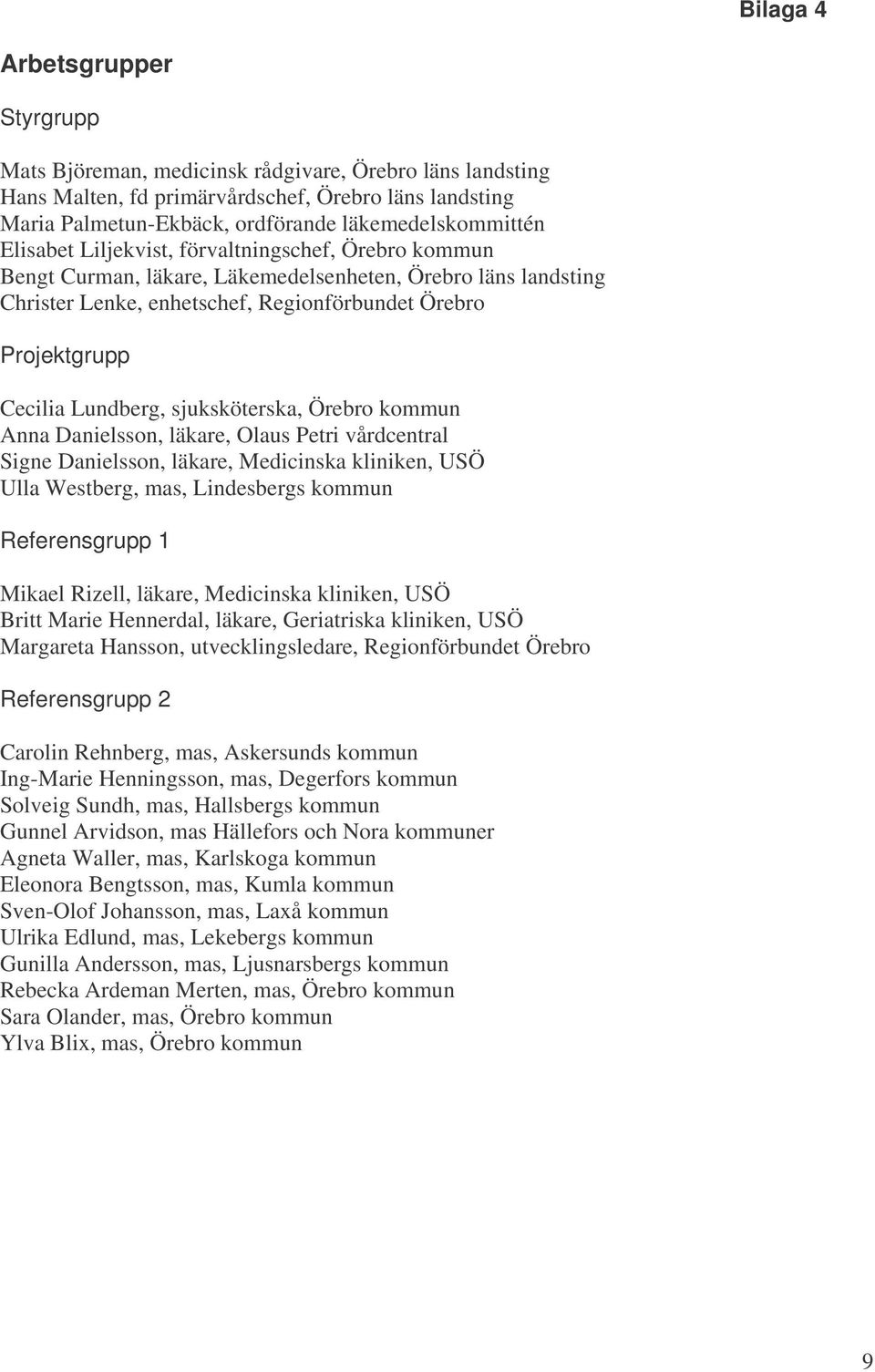 sjuksköterska, Örebro kommun Anna Danielsson, läkare, Olaus Petri vårdcentral Signe Danielsson, läkare, Medicinska kliniken, USÖ Ulla Westberg, mas, Lindesbergs kommun Referensgrupp 1 Mikael Rizell,