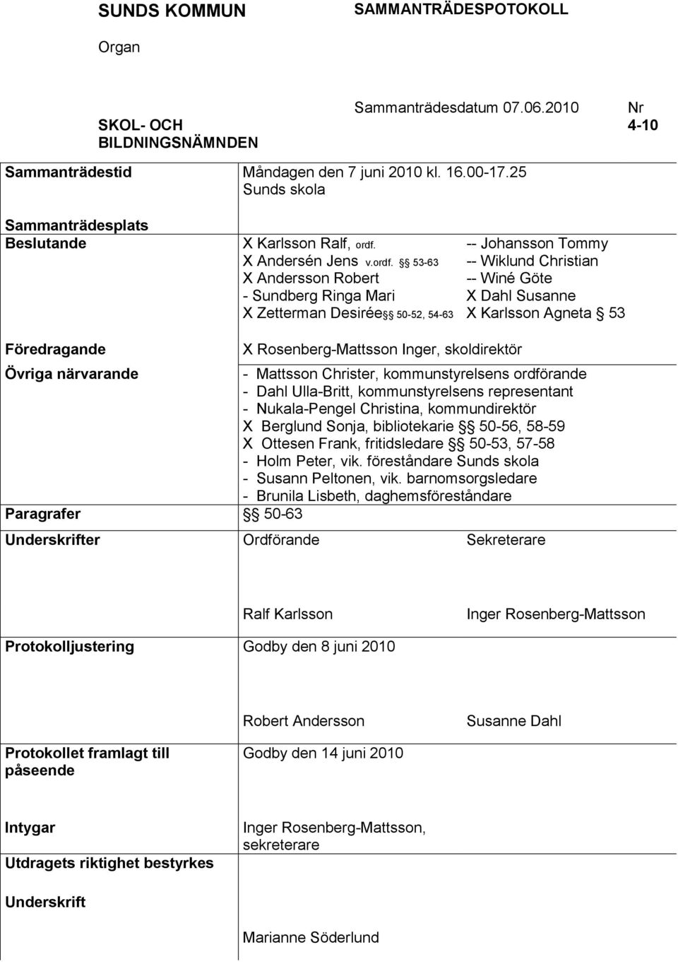 Rosenberg-Mattsson Inger, skoldirektör Övriga närvarande - Mattsson Christer, kommunstyrelsens ordförande - Dahl Ulla-Britt, kommunstyrelsens representant - Nukala-Pengel Christina, kommundirektör X