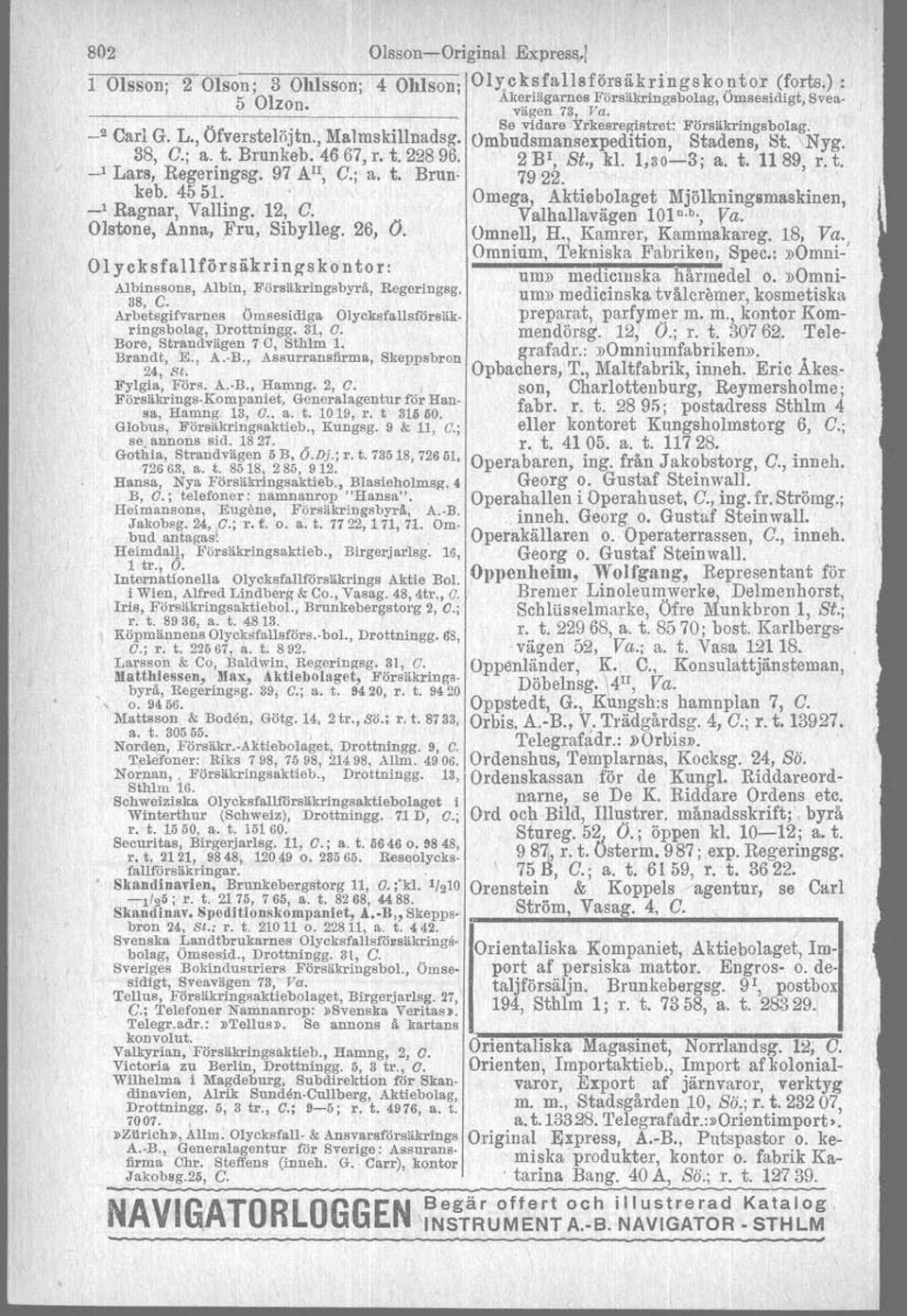 26, O. Olyck sfallförsäkri ng-s k o n to r: Albinssons, Albin, Försäkringsbyrå, Regeringsg. 38, C. Arbetsgifvarnes Ömsesidiga Ölyoksfa'llsfö'raäk. rings bolag, Drottningg. 31, O. Bore, Strp.