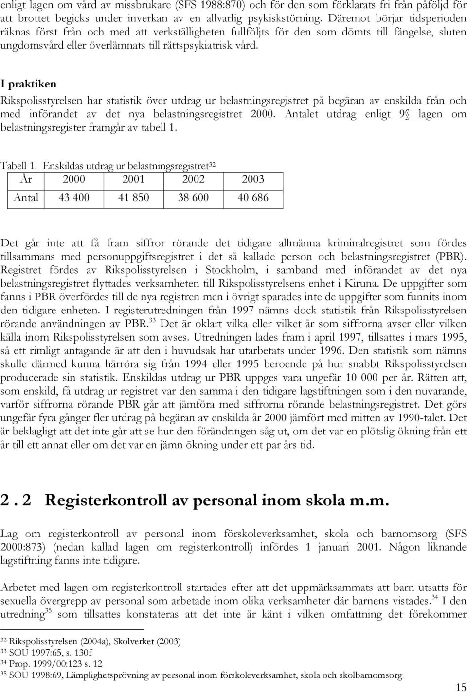 I praktiken Rikspolisstyrelsen har statistik över utdrag ur belastningsregistret på begäran av enskilda från och med införandet av det nya belastningsregistret 2000.