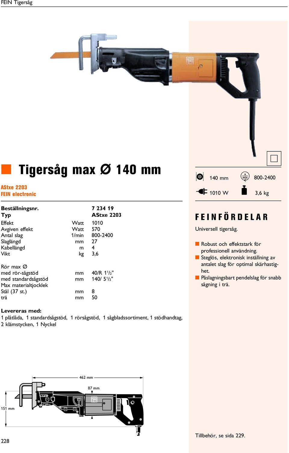 standardsågstöd mm 140/ 5 1 /2" Max materialtjocklek Stål (37 st.) mm 8 trä mm 50 FEINFÖRDELAR Universell tigersåg.! Robust och effektstark för professionell användning.